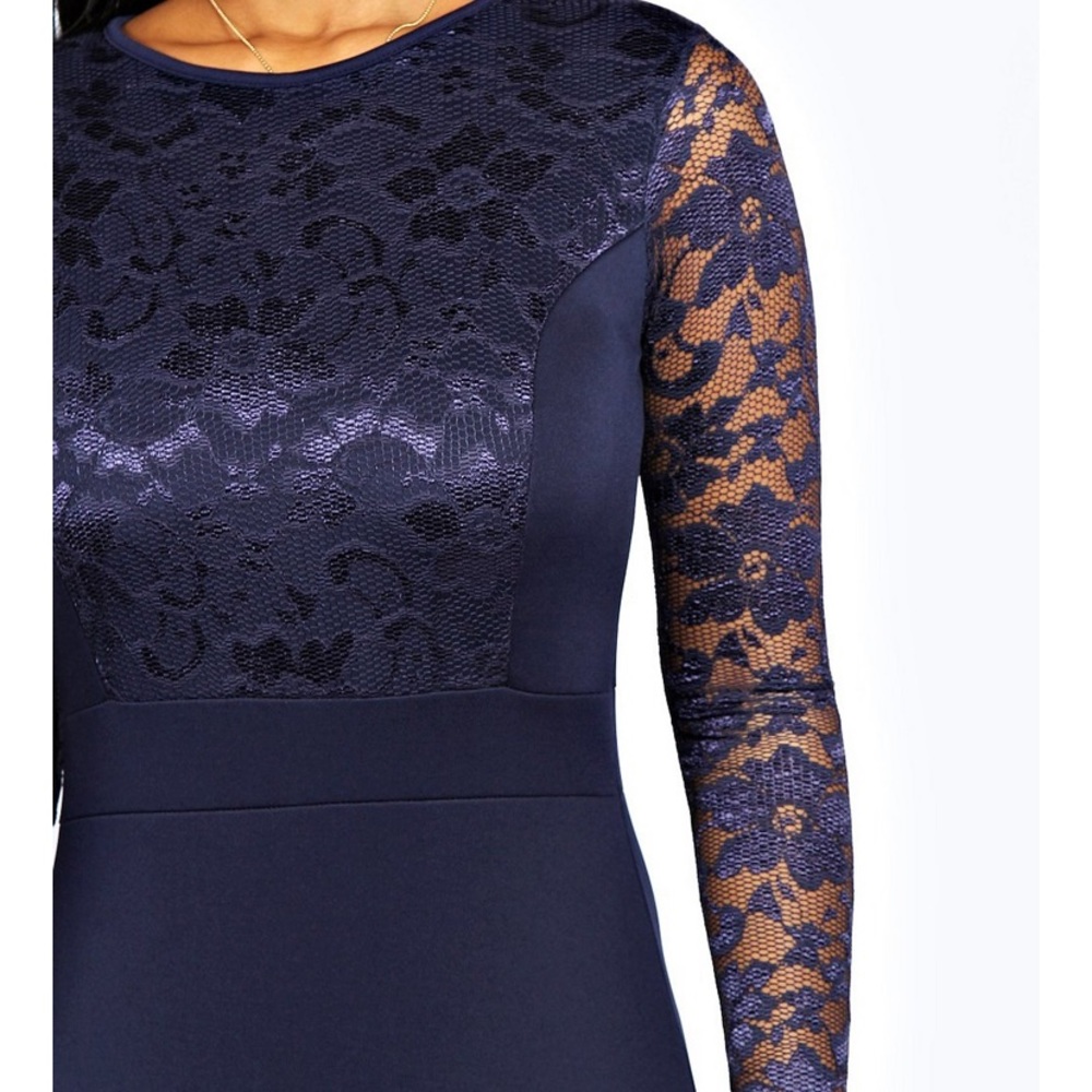 Lace Long Sleeve Bodycon Midi Dress NAVY